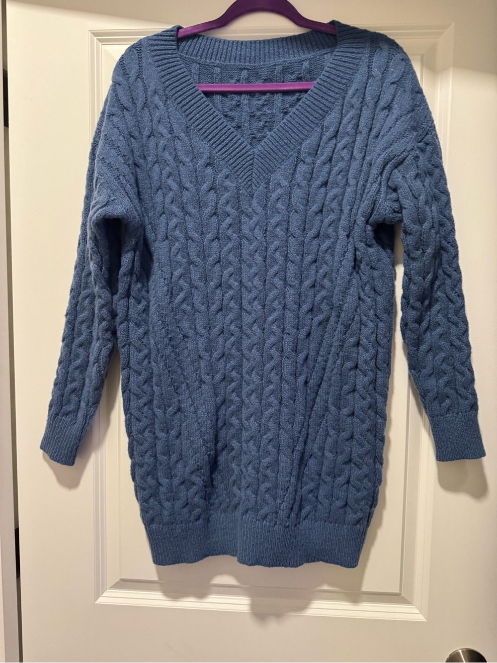 V-Neck Cable Knit Sweater Dress - Blue XS